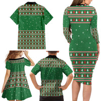 Golden Retriever Christmas Family Matching Long Sleeve Bodycon Dress and Hawaiian Shirt with Red Scarf Snowflakes and Tree Pattern - Wonder Print Shop