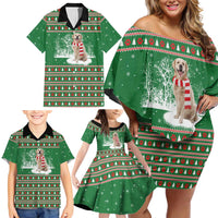 Golden Retriever Christmas Family Matching Off Shoulder Short Dress and Hawaiian Shirt with Red Scarf Snowflakes and Tree Pattern - Wonder Print Shop