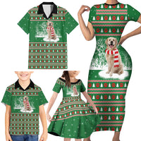 Golden Retriever Christmas Family Matching Short Sleeve Bodycon Dress and Hawaiian Shirt with Red Scarf Snowflakes and Tree Pattern - Wonder Print Shop