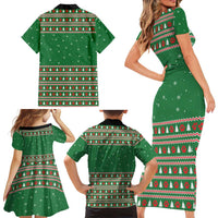 Golden Retriever Christmas Family Matching Short Sleeve Bodycon Dress and Hawaiian Shirt with Red Scarf Snowflakes and Tree Pattern - Wonder Print Shop