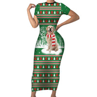 Golden Retriever Christmas Family Matching Short Sleeve Bodycon Dress and Hawaiian Shirt with Red Scarf Snowflakes and Tree Pattern - Wonder Print Shop