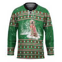 Golden Retriever Christmas Hockey Jersey with Red Scarf Snowflakes and Tree Pattern - Wonder Print Shop
