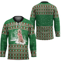 Golden Retriever Christmas Hockey Jersey with Red Scarf Snowflakes and Tree Pattern - Wonder Print Shop
