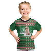 Golden Retriever Christmas Kid T Shirt with Red Scarf Snowflakes and Tree Pattern - Wonder Print Shop