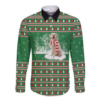 Golden Retriever Christmas Long Sleeve Button Shirt with Red Scarf Snowflakes and Tree Pattern - Wonder Print Shop