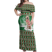 Golden Retriever Christmas Off Shoulder Maxi Dress with Red Scarf Snowflakes and Tree Pattern - Wonder Print Shop