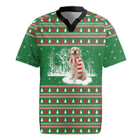 Golden Retriever Christmas Rugby Jersey with Red Scarf Snowflakes and Tree Pattern - Wonder Print Shop