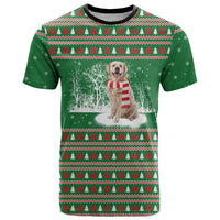 Golden Retriever Christmas T Shirt with Red Scarf Snowflakes and Tree Pattern - Wonder Print Shop
