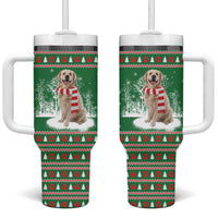Golden Retriever Christmas Tumbler With Handle with Red Scarf Snowflakes and Tree Pattern - Wonder Print Shop