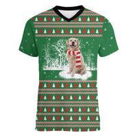 Golden Retriever Christmas Women V-Neck T-Shirt with Red Scarf Snowflakes and Tree Pattern - Wonder Print Shop