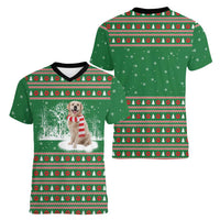 Golden Retriever Christmas Women V-Neck T-Shirt with Red Scarf Snowflakes and Tree Pattern - Wonder Print Shop