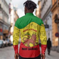 Haile Selassie I Long Sleeve Button Shirt Ethiopia Lion of Judah and Conquering Lion Pattern Tribute - Wonder Print Shop