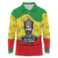 Haile Selassie I Long Sleeve Polo Shirt Ethiopia Lion of Judah and Conquering Lion Pattern Tribute - Wonder Print Shop