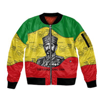 Haile Selassie I Sleeve Zip Bomber Jacket Ethiopia Lion of Judah and Conquering Lion Pattern Tribute - Wonder Print Shop