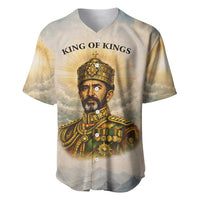 Haile Selassie I Ethiopia Baseball Jersey with King of Kings and Conquering Lion Cloud Rays and Regal Portrait