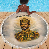 Haile Selassie I Ethiopia Beach Blanket with King of Kings and Conquering Lion Cloud Rays and Regal Portrait - Wonder Print Shop