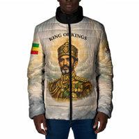 Haile Selassie I Ethiopia Padded Jacket with King of Kings and Conquering Lion Cloud Rays and Regal Portrait