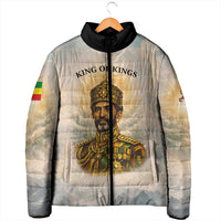 Haile Selassie I Ethiopia Padded Jacket with King of Kings and Conquering Lion Cloud Rays and Regal Portrait