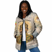 Haile Selassie I Ethiopia Padded Jacket with King of Kings and Conquering Lion Cloud Rays and Regal Portrait