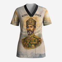 Haile Selassie I Ethiopia Scrub Top with King of Kings and Conquering Lion Cloud Rays and Regal Portrait
