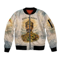 Haile Selassie I Ethiopia Sleeve Zip Bomber Jacket with King of Kings and Conquering Lion Cloud Rays and Regal Portrait - Wonder Print Shop