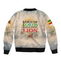Haile Selassie I Ethiopia Sleeve Zip Bomber Jacket with King of Kings and Conquering Lion Cloud Rays and Regal Portrait