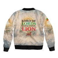 Haile Selassie I Ethiopia Sleeve Zip Bomber Jacket with King of Kings and Conquering Lion Cloud Rays and Regal Portrait - Wonder Print Shop