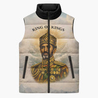 Haile Selassie I Ethiopia Sleeveless Puffer Jacket with King of Kings and Conquering Lion Cloud Rays and Regal Portrait