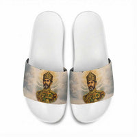 Haile Selassie I Ethiopia Slide Sandals with King of Kings and Conquering Lion Cloud Rays and Regal Portrait - Wonder Print Shop