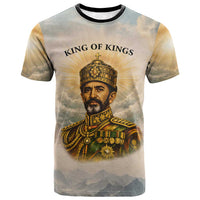 Haile Selassie I Ethiopia T shirt with King of Kings and Conquering Lion Cloud Rays and Regal Portrait