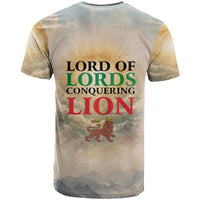 Haile Selassie I Ethiopia T shirt with King of Kings and Conquering Lion Cloud Rays and Regal Portrait