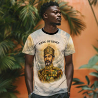 Haile Selassie I Ethiopia T shirt with King of Kings and Conquering Lion Cloud Rays and Regal Portrait