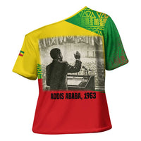 Ethiopia Haile Selassie I Cross Shoulder Shirt with Addis Ababa 1963 Speech Quote Pan-African Flag Colors and Kente Pattern