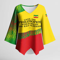 Ethiopia Haile Selassie I Kimono Sleeve Blouse with Addis Ababa 1963 Speech Quote Pan-African Flag Colors and Kente Pattern