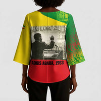 Ethiopia Haile Selassie I Kimono Sleeve Blouse with Addis Ababa 1963 Speech Quote Pan-African Flag Colors and Kente Pattern