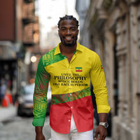 Ethiopia Haile Selassie I Long Sleeve Button Shirt with Addis Ababa 1963 Speech Quote Pan-African Flag Colors and Kente Pattern