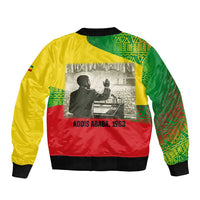 Ethiopia Haile Selassie I Sleeve Zip Bomber Jacket with Addis Ababa 1963 Speech Quote Pan-African Flag Colors and Kente Pattern