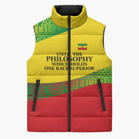 Ethiopia Haile Selassie I Sleeveless Puffer Jacket with Addis Ababa 1963 Speech Quote Pan-African Flag Colors and Kente Pattern