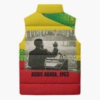 Ethiopia Haile Selassie I Sleeveless Puffer Jacket with Addis Ababa 1963 Speech Quote Pan-African Flag Colors and Kente Pattern
