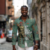 Burkina Faso Thomas Sankara Long Sleeve Button Shirt with Military Stance and Anti-Imperialist Quote Tribute Design - Wonder Print Shop
