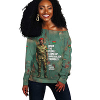 Burkina Faso Thomas Sankara Off Shoulder Sweater with Military Stance and Anti-Imperialist Quote Tribute Design - Wonder Print Shop
