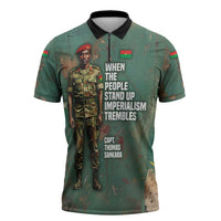 Burkina Faso Thomas Sankara Zipper Polo Shirt with Military Stance and Anti-Imperialist Quote Tribute Design - Wonder Print Shop