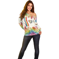 Love Blooms in Every Color Off Shoulder Sweater Nature Rainbow of Freedom
