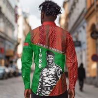Ibrahim Traore Burkina Faso Fearless Leadership Long Sleeve Button Shirt West African Tribal Pattern And Patriotic Camo Art