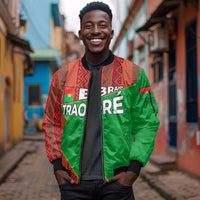 Ibrahim Traore Burkina Faso Fearless Leadership Sleeve Zip Bomber Jacket West African Tribal Pattern And Patriotic Camo Art