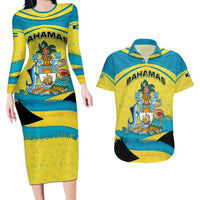 Bahamas Flag Couples Matching Long Sleeve Bodycon Dress and Hawaiian Shirt with National Coat of Arms and Sea Turtle Design - Wonder Print Shop