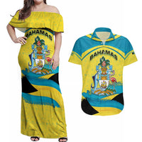 Bahamas Flag Couples Matching Off Shoulder Maxi Dress and Hawaiian Shirt with National Coat of Arms and Sea Turtle Design - Wonder Print Shop