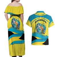 Bahamas Flag Couples Matching Off Shoulder Maxi Dress and Hawaiian Shirt with National Coat of Arms and Sea Turtle Design - Wonder Print Shop