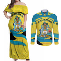 Bahamas Flag Couples Matching Off Shoulder Maxi Dress and Long Sleeve Button Shirt with National Coat of Arms and Sea Turtle Design - Wonder Print Shop