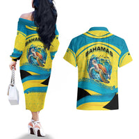 Bahamas Flag Couples Matching Off The Shoulder Long Sleeve Dress and Hawaiian Shirt with National Coat of Arms and Sea Turtle Design - Wonder Print Shop